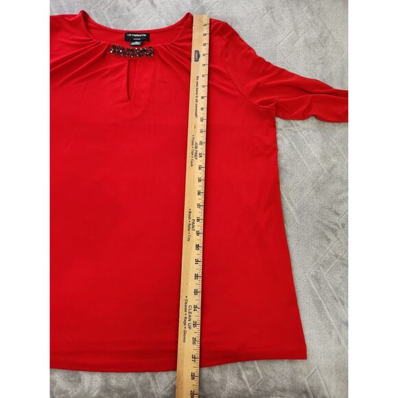 LIZ CLAIBORNE Red Liquid Knit Top Jeweled Keyhole Neckline Size XL OX - Picture 8 of 11